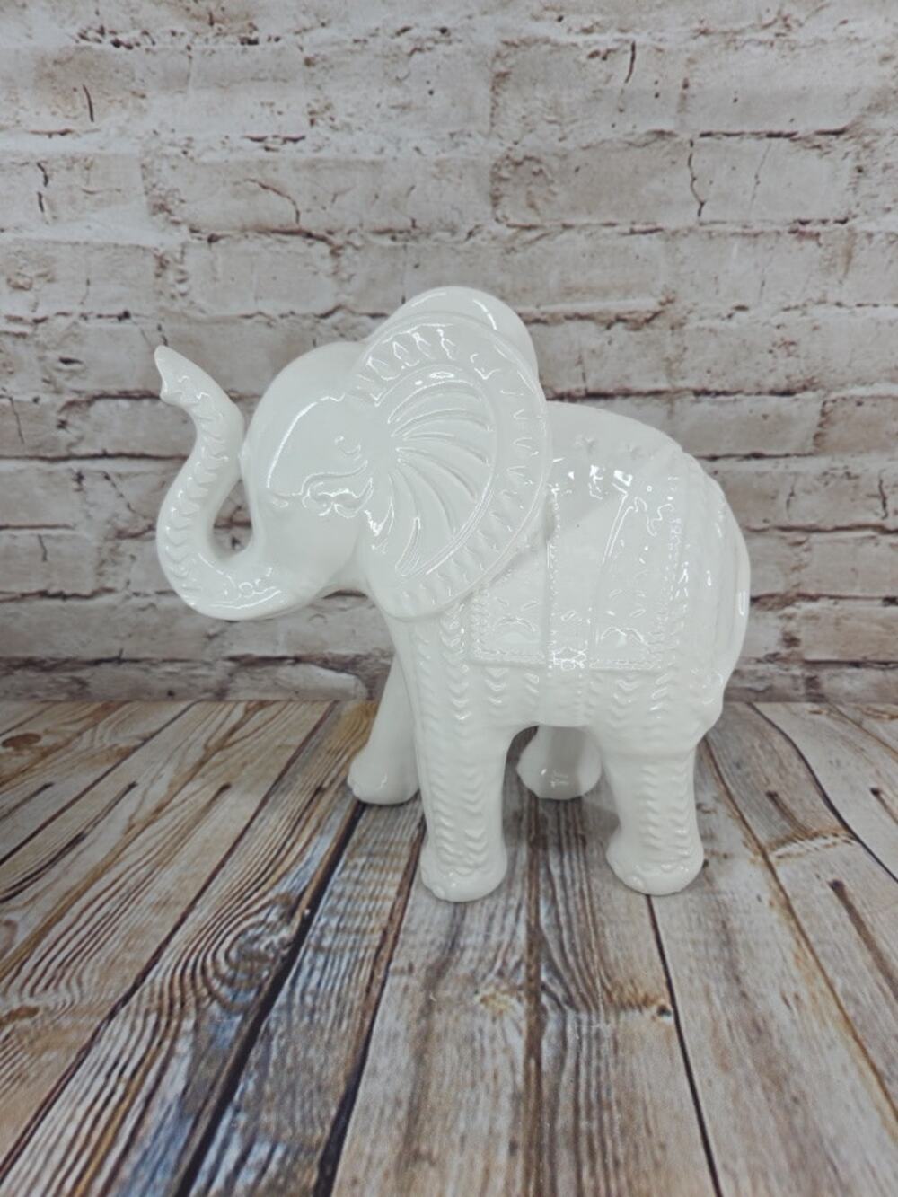 White Elephant Figurine Decorative Sculpture with Textured Lucky Trunk Up